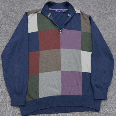 Suéter ALAN FLUSSER Para Hombres L 1/4 Cremallera Pullover Bloque de Color Cuadrados India Algodón Foto 1 de 4