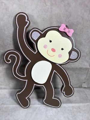 Kidsline Brown Cream Pink Monkey With Bow Nursery Baby Wall Decor 9/3 - Image 1 of 3