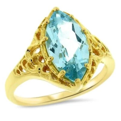 GENUINE 3 CT BLUE TOPAZ 24K GOLD PLATED 925 SOLID SILVER ANTIQUE STYLE RING #997 - Image 1 of 3