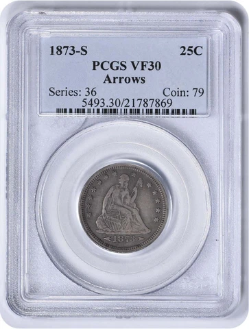 1873-S Liberty Seated Silver Quarter Arrows VF30 PCGS Cover