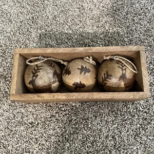 Wooden Round Christmas Ornament Set (3) with Box - Deer / Trees - Picture 1 of 4