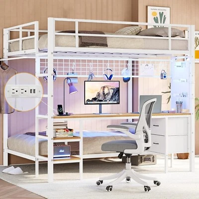 Metal Bunk Bed Full Over Twin Size with Charging Station Led Lights Desk Drawers - Image 1 of 4