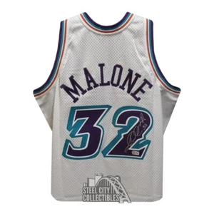 Karl Malone Autographed Utah Mitchell & Ness White Basketball Jersey - BAS - Picture 1 of 2