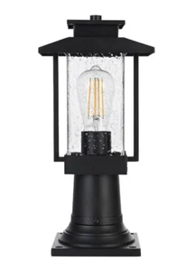 Outdoor Pole Light Fixture Seedy Glass Black Porch Walkway Patio Lantern 15" - Picture 1 of 9