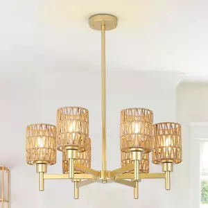 6-Lights Gold Chandelier Light Fixture - Boho Rattan Chandeliers for Dining Room - Picture 1 of 8