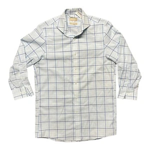 New MICHAEL KORS Shirt Mens 32/33 14 1/2 White Blue Checkered 3/4 Sleeve - Picture 1 of 10