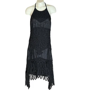 Sue Wong Black Halter Linen & Crochet Boho Chic LBD Sz 8 Whimsical Goth - Picture 1 of 6