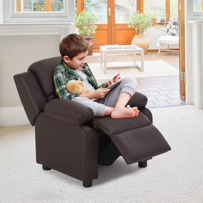 Sofá reclinable para niños con reposapiés y reposacabezas, sillón de cuero marrón para niña Foto 1 de 4