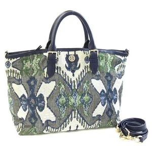 Tory Burch 2-Way Handbag Navy Green Jacquard Leather Crossbody Shoulder Bag - Picture 1 of 9