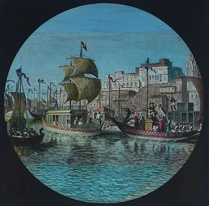 INDIEN BOOTE IN PROZESSION UM 1880 Magische Laternenrutsche HANDKOLORIERT - Bild 1 von 5