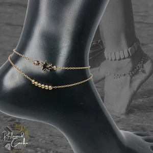 Simple Bead and Star Charms Gold Tone Double Strand Chain Link Adjustable Anklet - Picture 1 of 4
