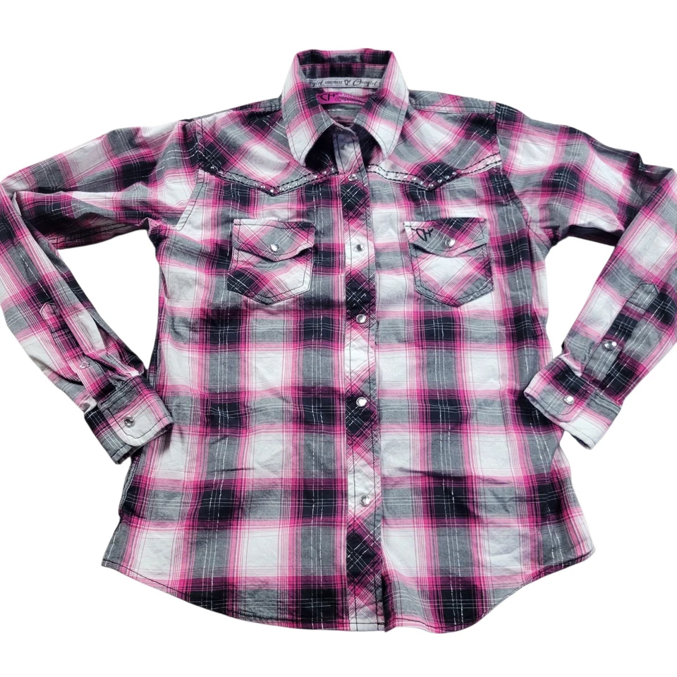 女牛仔五金珍珠 Snap 衬衫 女孩 大号 10/12 西部牧场 Rodeo 粉红色  — 第 1/4 张图片