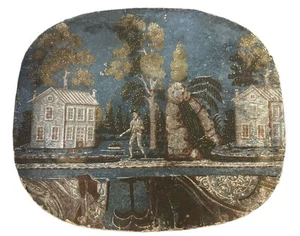 Antique 1830’s Wallpaper Box Lid Landscape Scene With Man And Houses FAB! - Picture 1 of 13