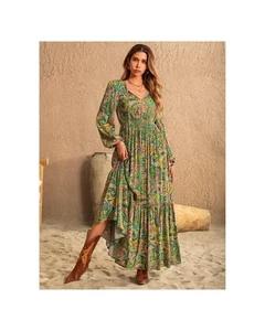 Everyday the Label Printed Tie Neck Long Sleeve Dress Women Matcha Green Dresses - Picture 1 of 7