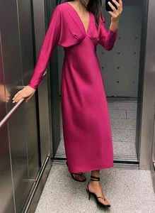 Women's Zara Rasberry Long Sleeve CREASED V-NECKLINE SATIN MIDI DRESS Sz S NWTS - Picture 1 of 6