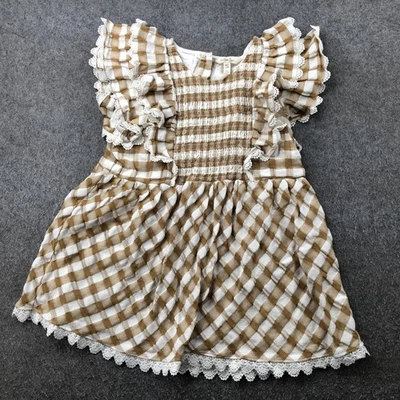 Matilda Jane Dress Girls 14 Brown White Gingham Ruffle Lace Flutter Sleeve - Image 1 of 4
