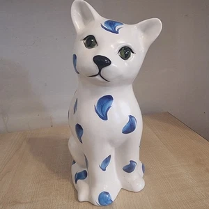 Hand-Painted Ceramic Cat Figurine with Blue Petal Design–9"Tall– Vintage Decor - Picture 1 of 13