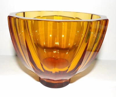 STUNNING MOSER CZECH REPUBLIC AMBER GLASS FACETED 6 1/8" ANGULAR BOWL - Image 1 of 4