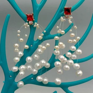Illusion Cultured White Rice Pearl Red Cz Stud Earrings - Picture 1 of 5