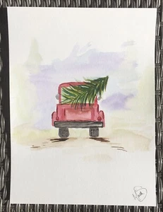 Maria Scalf Truck Tree Still Holiday Christmas Watercolor 9x12 ORIGINAL PAINTING - Picture 1 of 3