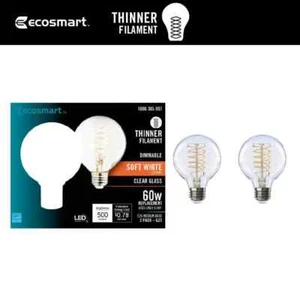 EcoSmart 60-Watt Equivalent G25 Dimmable Fine Bendy Light Bulb Soft White (2-PK) - Picture 1 of 16