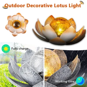 Garden Metal Lotus Flower Art Crackle Solar Glass Ball Light for Lawns, Patios - Picture 1 of 8