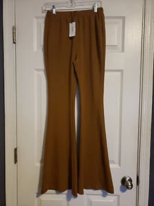 NEW CIDER Flared Pants Elastic Trousers Crinkle High Rise Lightweight, Brown - Picture 1 of 4
