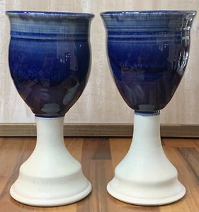 Set of 2 Pottery Chalices Wine Goblets 7.75” Cobalt Blue White Signed By Nelson - Picture 1 of 10