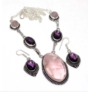Rose Quartz Amethyst 925 Silver Plated Gemstone Handmade Pendant + Earrings - Picture 1 of 12