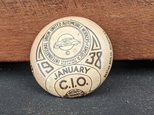 1938 January UAW CIO Button ~ Auto Workers Union Pin back Lapel ~ Bastian Bros - Picture 1 of 7