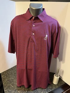 Donald Ross Men’s Polo Shirt Red Blue Striped Large Poly - Polo Fields Logo - Picture 1 of 13