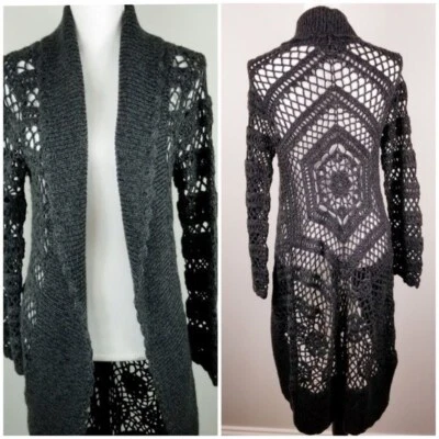 Nuevo con etiquetas Cárdigan Suéter Lana Negro Tejido Crochet Abierto Etcetera Talla S Foto 1 de 4