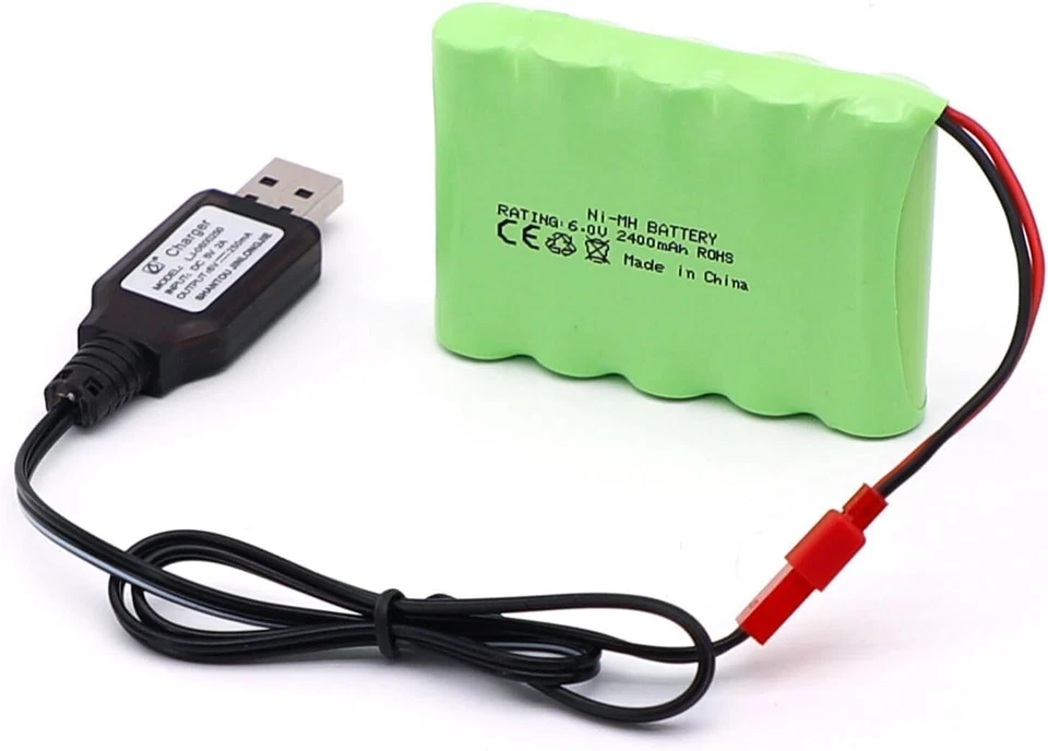 YUNIQUE GREEN-CLEAN-POWER Batterie RC 6V 2400mAh NiMH AA avec connecteur JST + chargeur USB, rechargeable