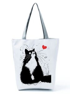 New lady tote bags black white cute cat printed hand bag casual shoulder bag 