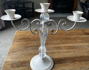 White Metal And Clear Plastic 3 Arm Candelabra. 12” Tall. For Tapered Candle - Picture 1 of 4