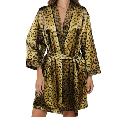 De Colección Leja By Paris Neiman Marcus Bata Dorado Marrón Sedoso Animal Leopardo Camisón M Foto 1 de 4