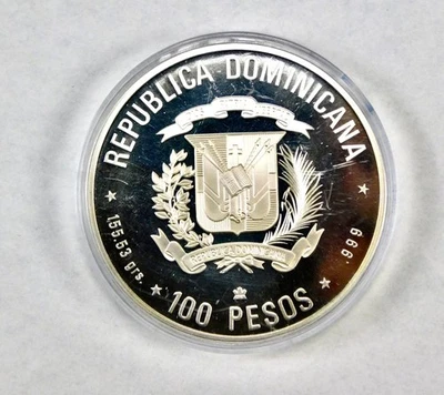 Moneda conmemorativa de 100 pesos República Dominicana 1989 .999 de plata Foto 1 de 4