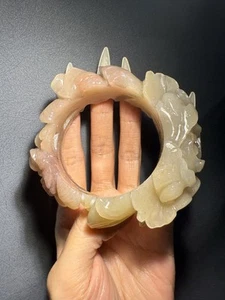 57mm Natural Mongolian Jade Bangle Sculpture/Shetei Cui/Hand Craved Flowers - Picture 1 of 8