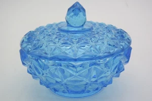 MCM Vintage Hazel Atlas Glas Aqua Blau bedeckt Runde Bonboniere - Bild 1 von 4