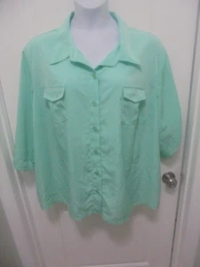 Susan Graver Womens Solid Green Long Roll Tab Sleeves Collar Top Size 3X - Picture 1 of 7