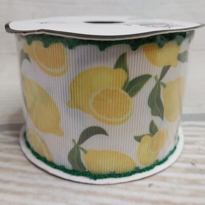 New! Lemons Yellow White Ribbon 2"x3 YD Floral Wreath Bow Grosgrain Scalloped  - Image 1 of 4