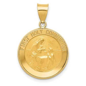 14k Yellow Gold Jesus First Holy Communion Words on Hollow Medal Pendant - Picture 1 of 7