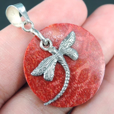 Gioielli pendenti corallo rosso naturale libellula piccola libellula in argen... - Immagine 1 di 4
