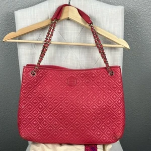 Tory Burch Marion Quilted Chain Slouchy Tote In Peony Bag Purse Chain Coral Pink - Picture 1 of 16
