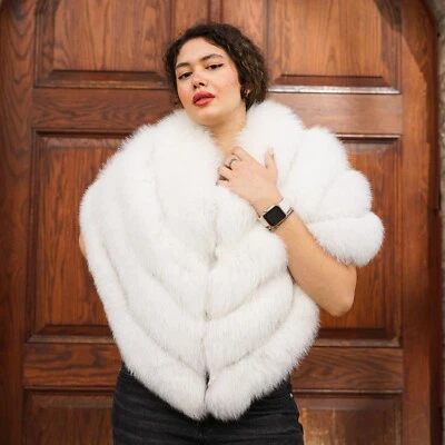 Abrigo de piel de zorro de lujo para mujer - Chal - Elegante capa de piel de zorro real blanco Foto 1 de 4