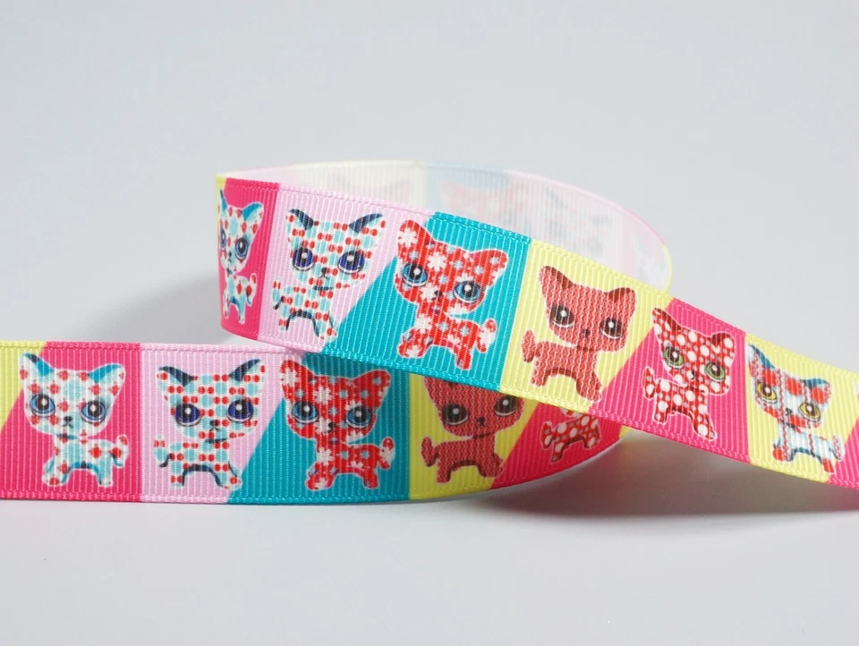 5yds ~~ 22mm Cats Colourful Pattern Dots Flowers Printed Grosgrain Ribbon - image 1 of 1