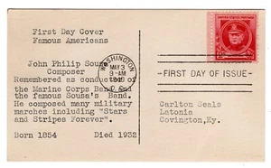 #880 John Philip Sousa Composer Famous American FDC 1940 - Typed on Card - Picture 1 of 2