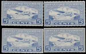 1928, CANADA SEMI-OFFICIAL AIR POST, BR. COLUMBIA AIRWAYS, 4 LH STAMPS CAT #CL44 - Picture 1 of 1
