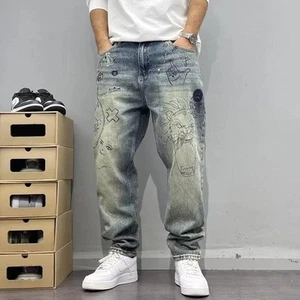 Herren Wide Leg Bequem Personalisiert Buchstaben Jeans Hip Hop Ins Trendy High Str - Bild 1 von 5
