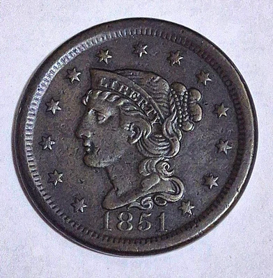1851 Coronet Grande Centavo Cabelo Trançado Forte AU-MS Características N5 R3 1C - Imagem 1 de 2